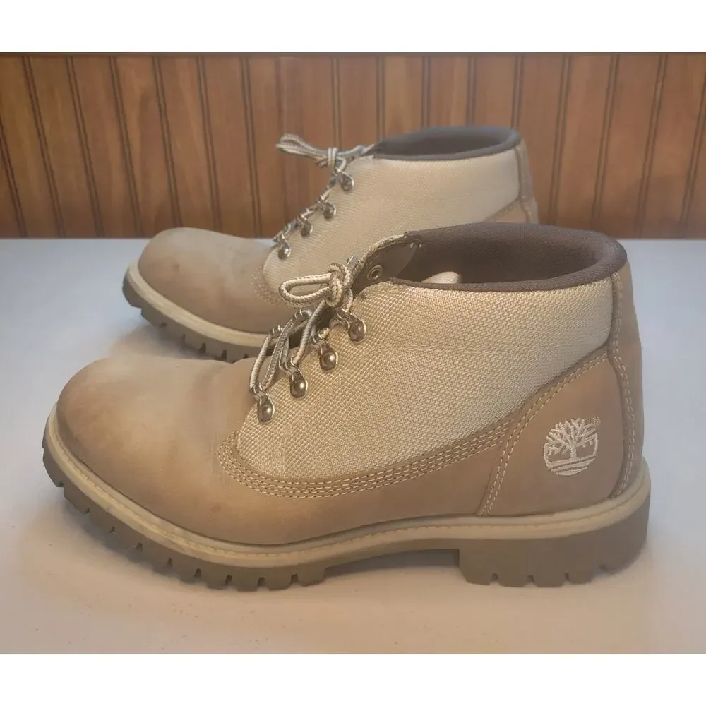 Timberland Men's Boots 8.5 Tan Nubuck Leather Canvas Chukka Trail Mid Lace